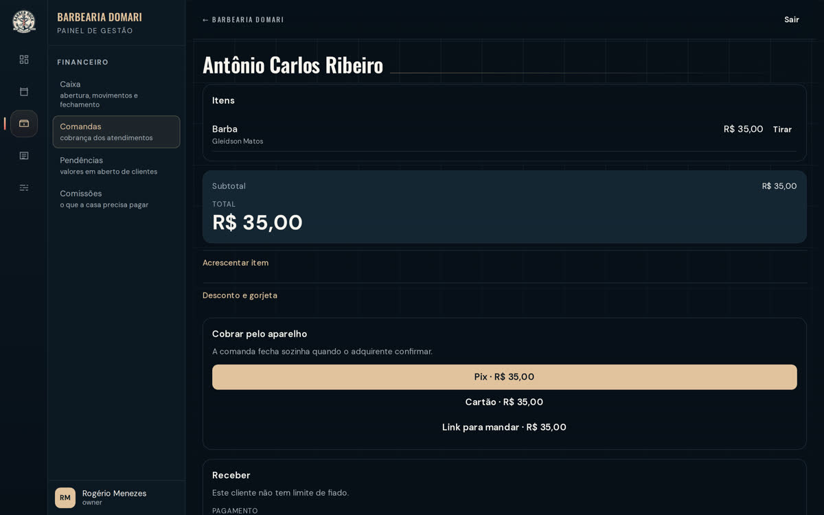 Comanda aberta com itens do atendimento e as formas de pagamento